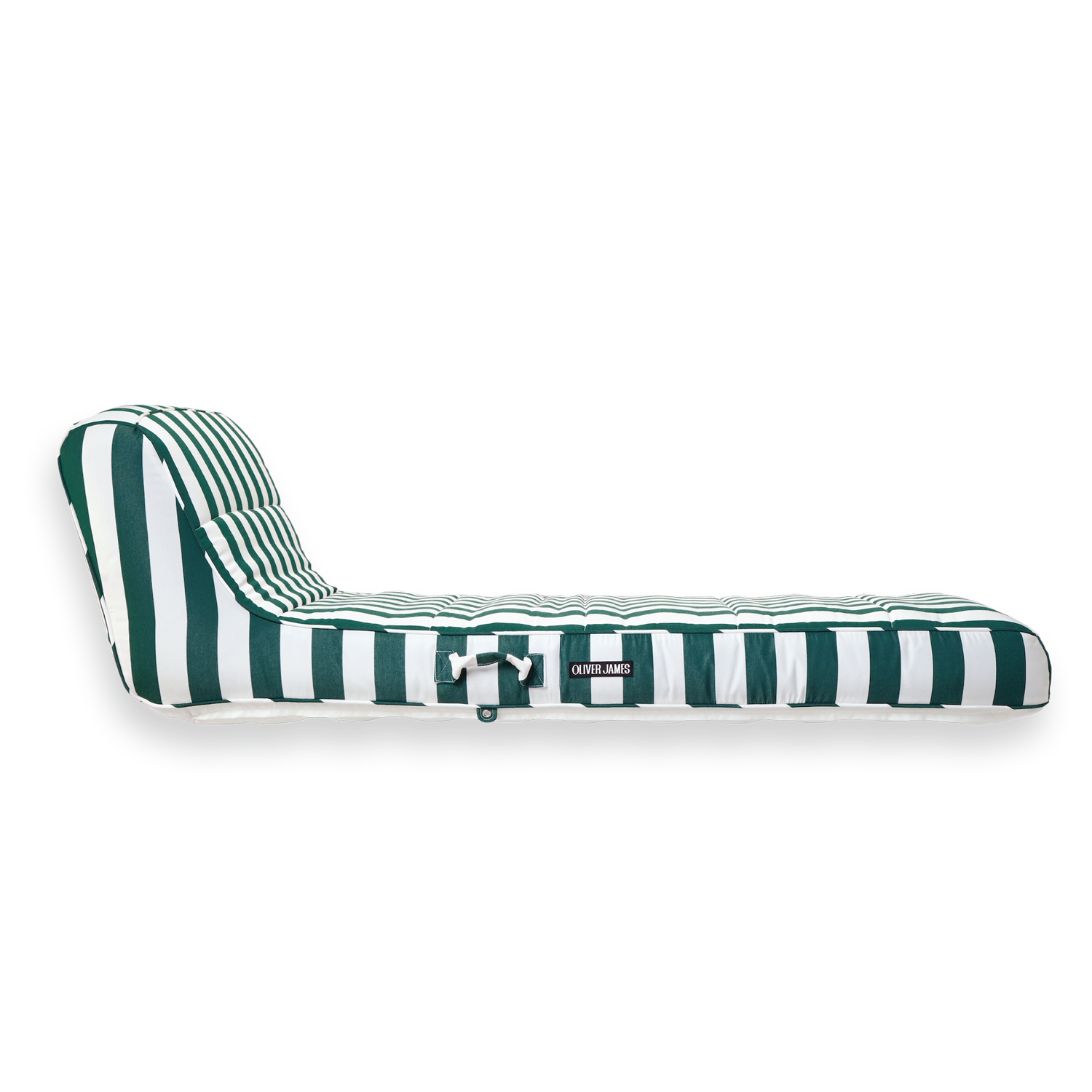 The side profile and backrest angle of a single green and white stripe luxury pool float.