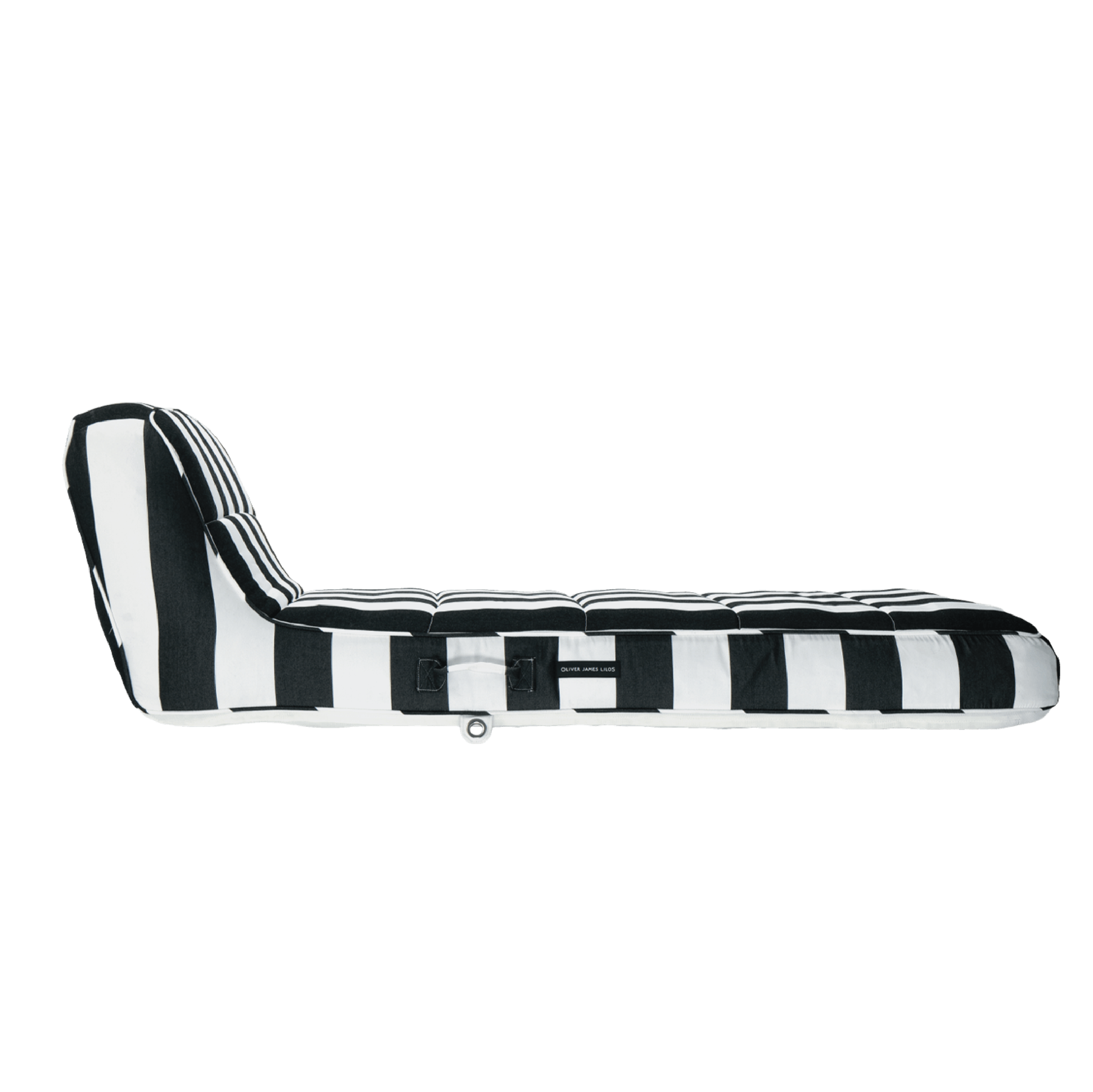 The side profile and backrest angle of a single black and white striped luxury pool float.