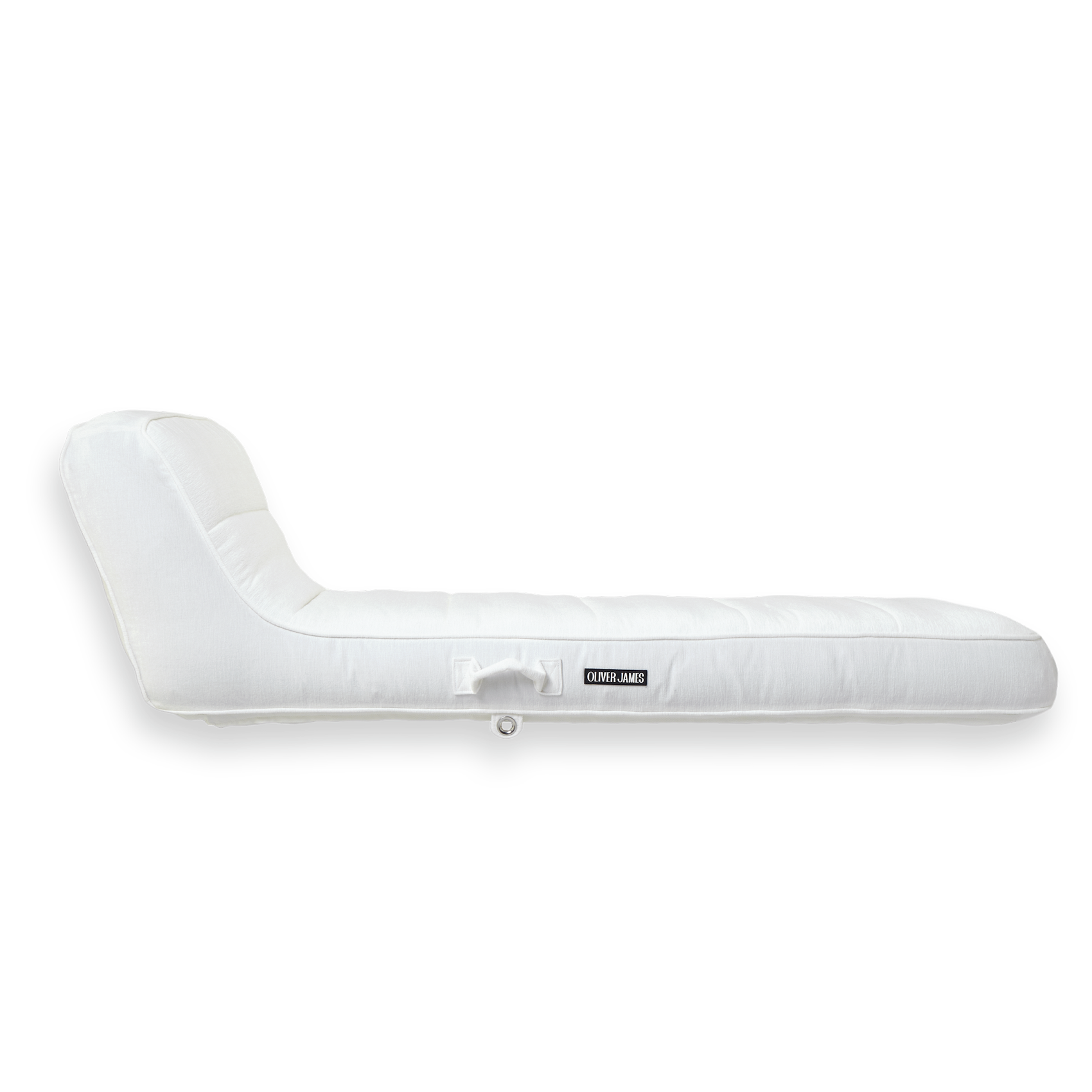 The side profile and backrest angle of a single white terry toweled luxury pool float.