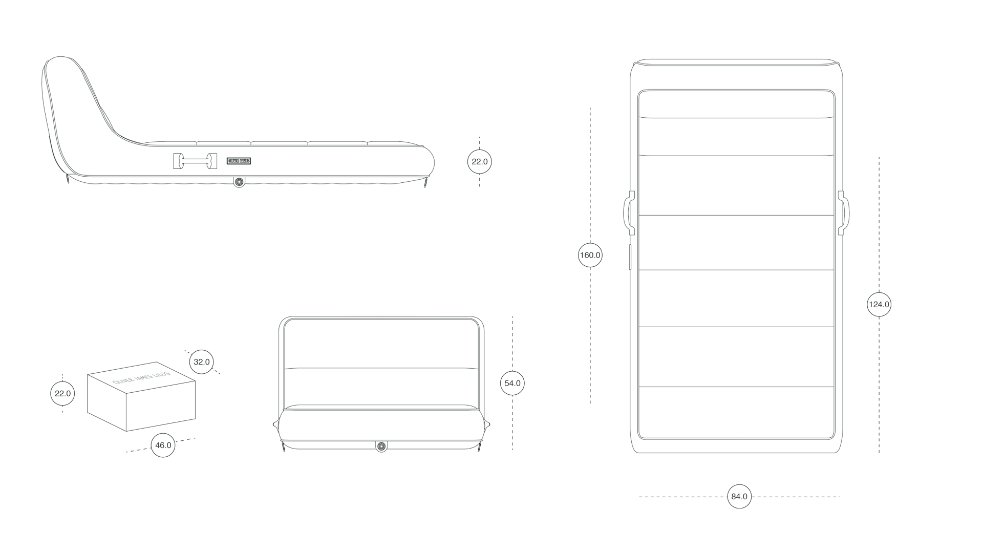 An orthographic drawing in centimeters of a luxury pool float.