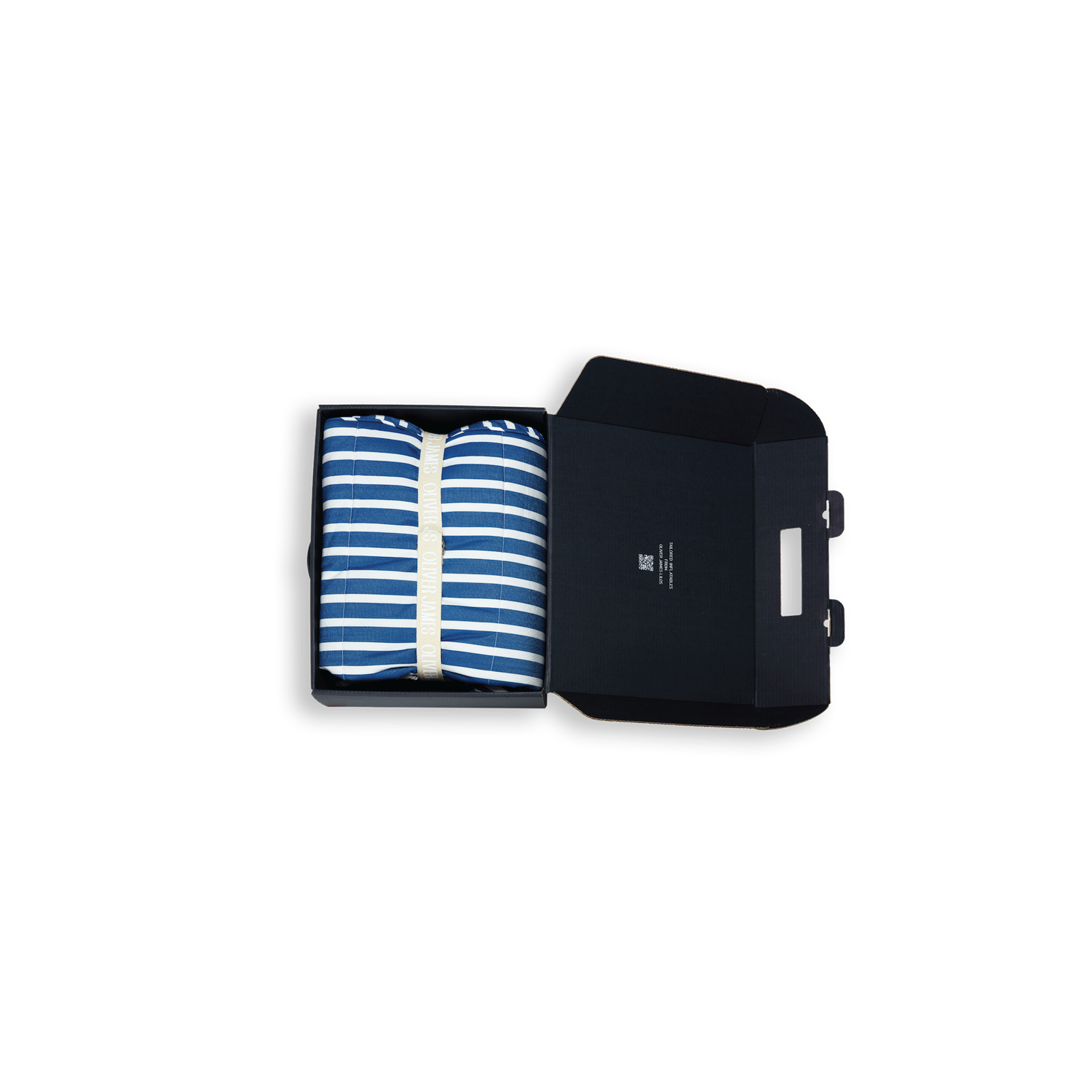 A single blue and white stripe inflatable luxury pool float lounger cover folded in black box box with a belt, card and pump.