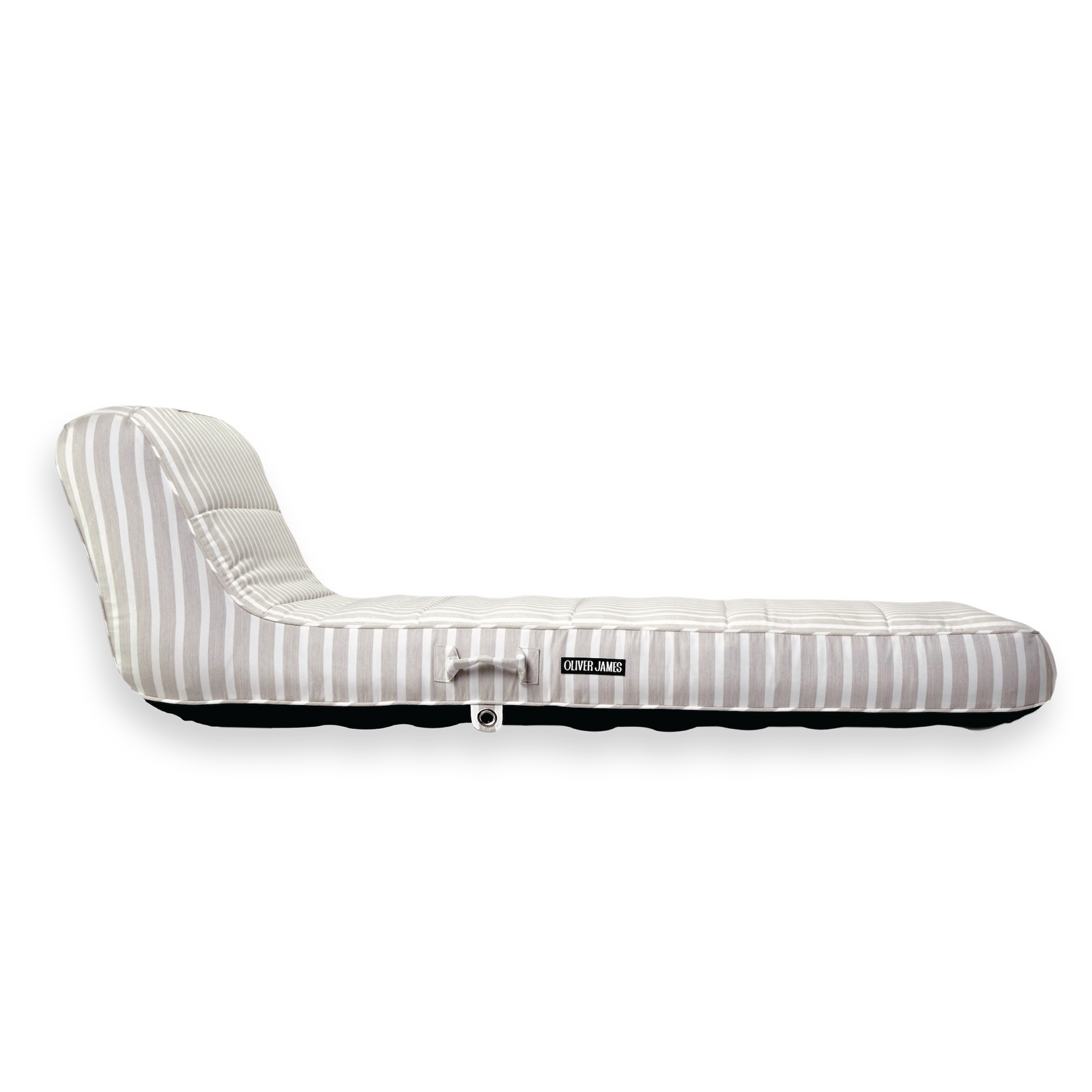 The side profile and backrest angle of a single beige and white stripe luxury pool float.
