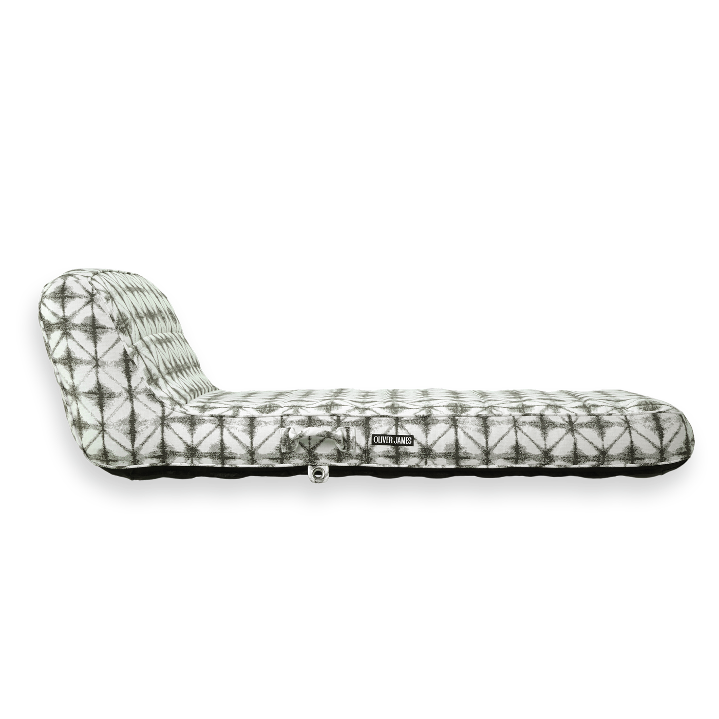 The side profile and backrest angle of a single grey and white luxury pool float.