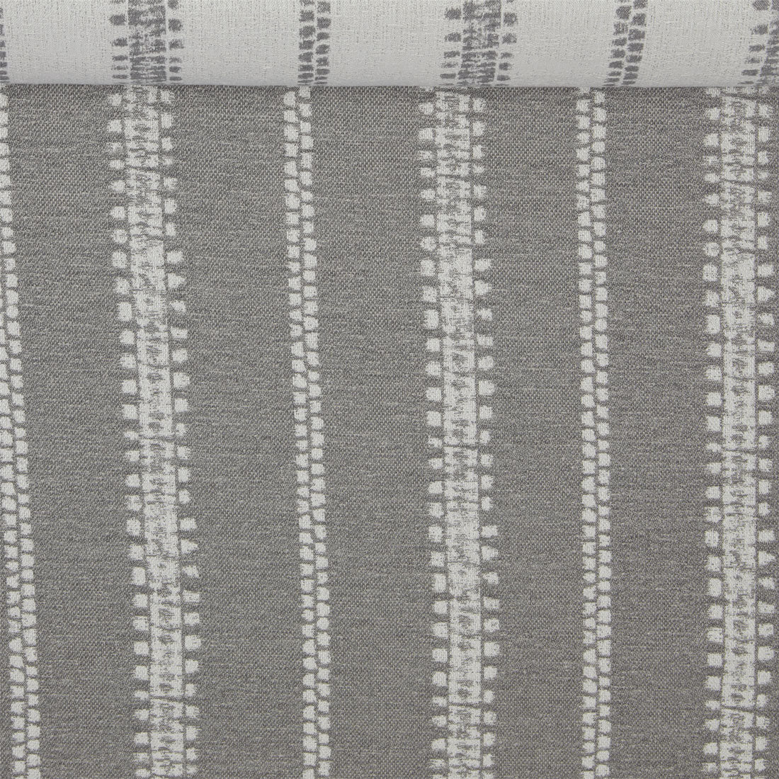 A birds eye view of a jacquard woven grey and white stripe outdoor performance fabric roll. 