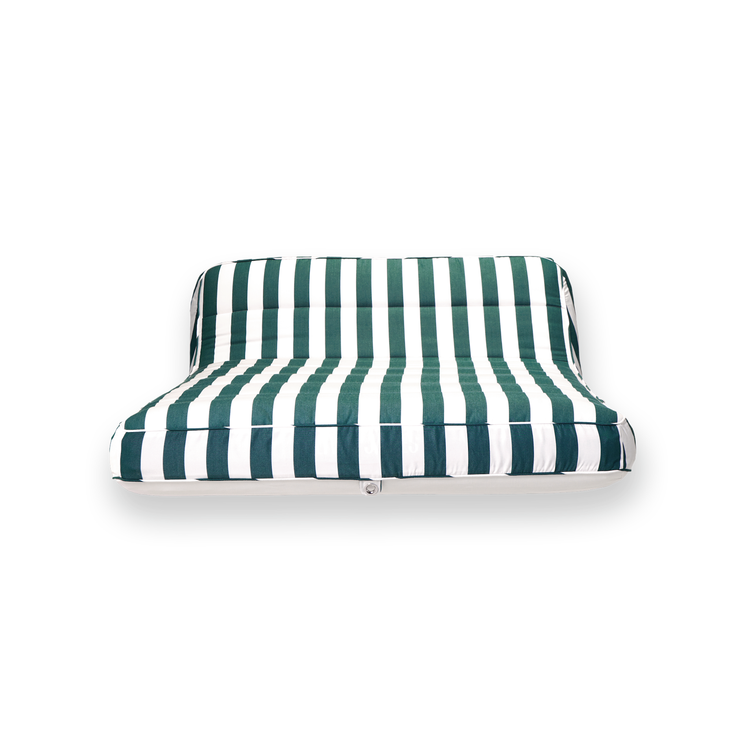 The front profile of a double green and white striped luxury pool float.