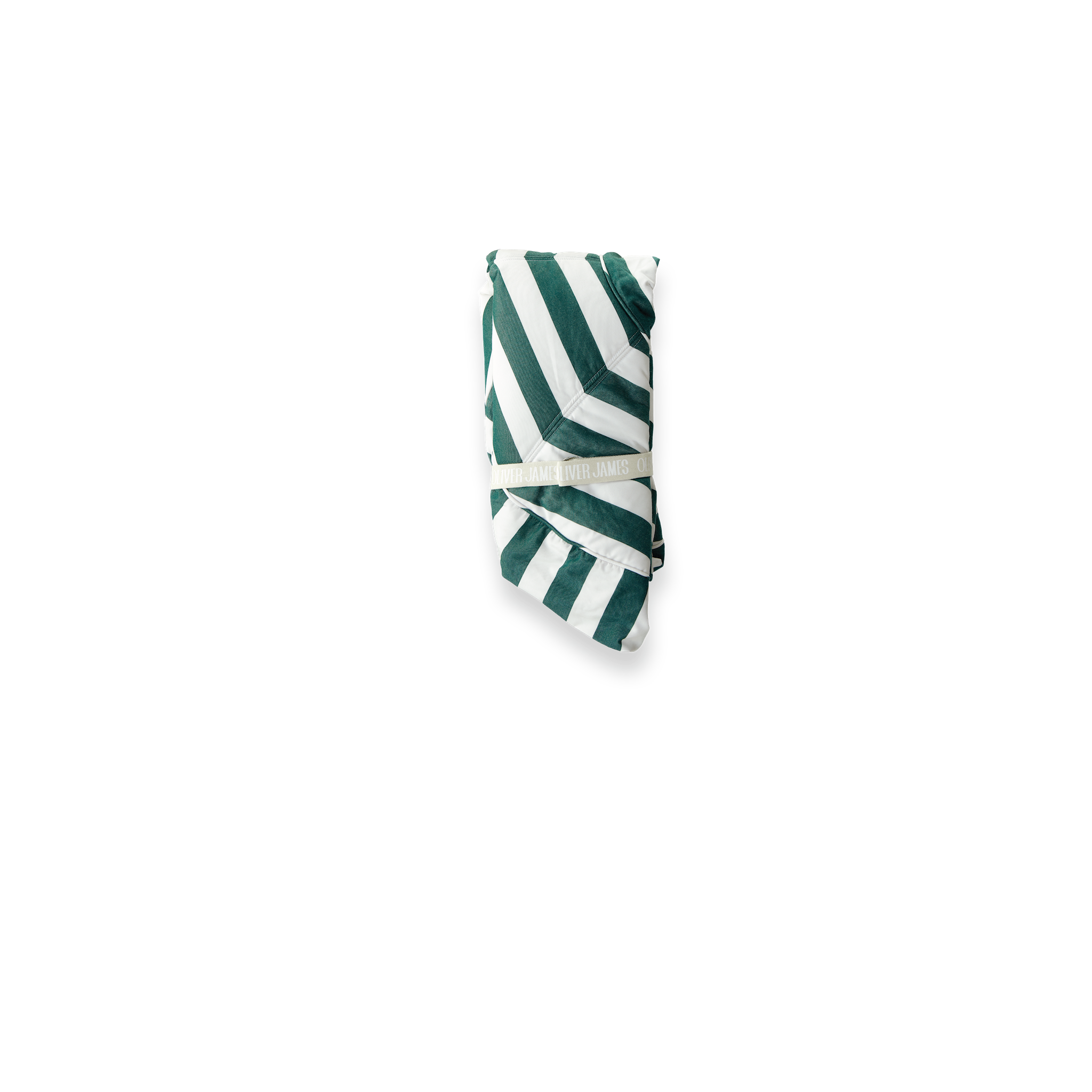 Vue de face d'un flotteur de piscine de luxe suspendu dans un tissu à rayures vertes et blanches.