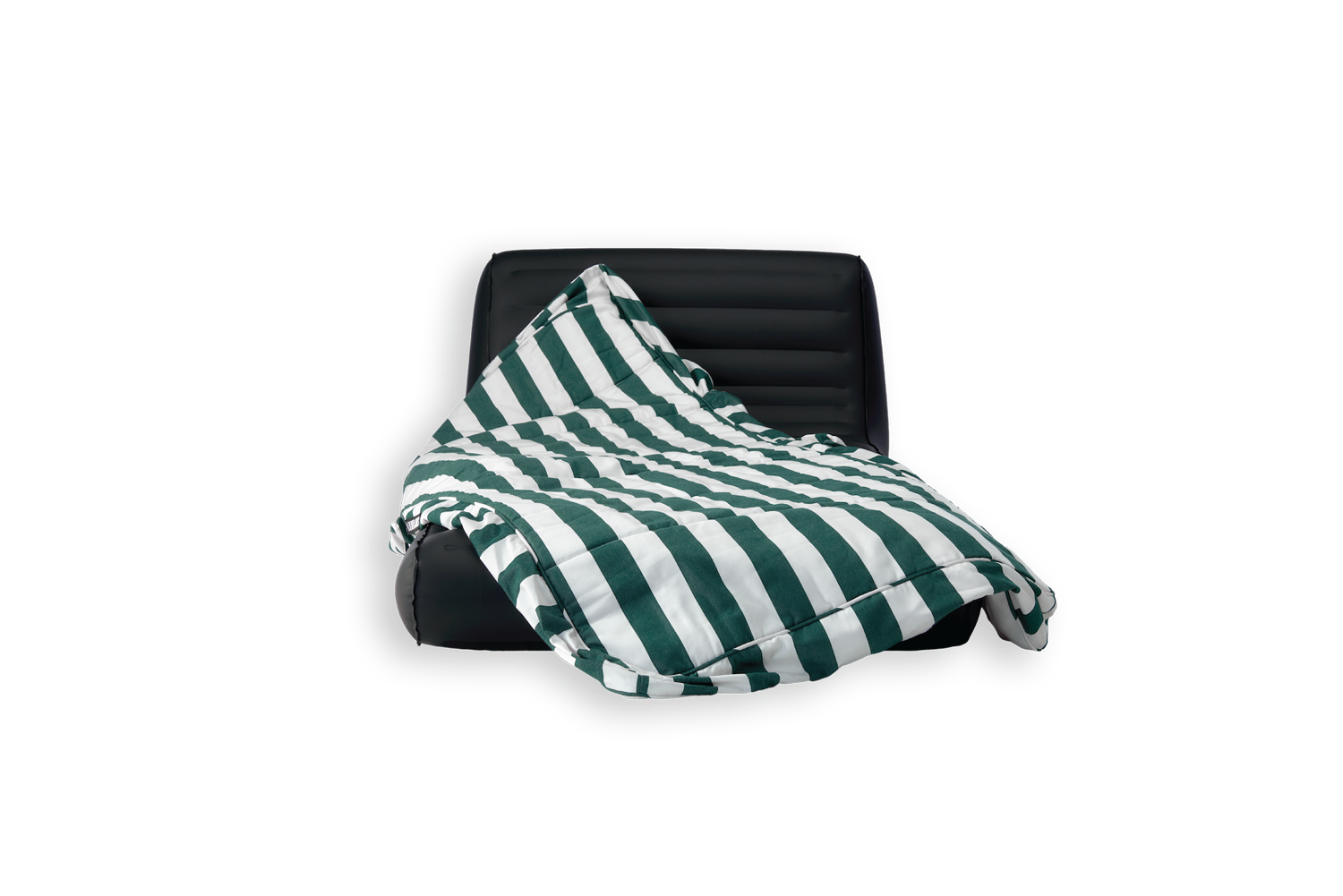 A green and white striped luxury pool float cover draped over a TPU inflatable core.