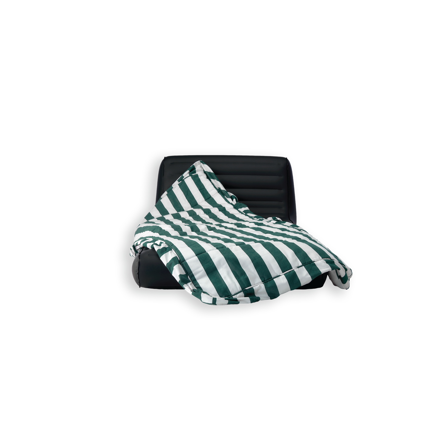 A green and white striped luxury pool float cover draped over a TPU inflatable core.