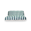 The front profile of a double green and white striped luxury pool float.