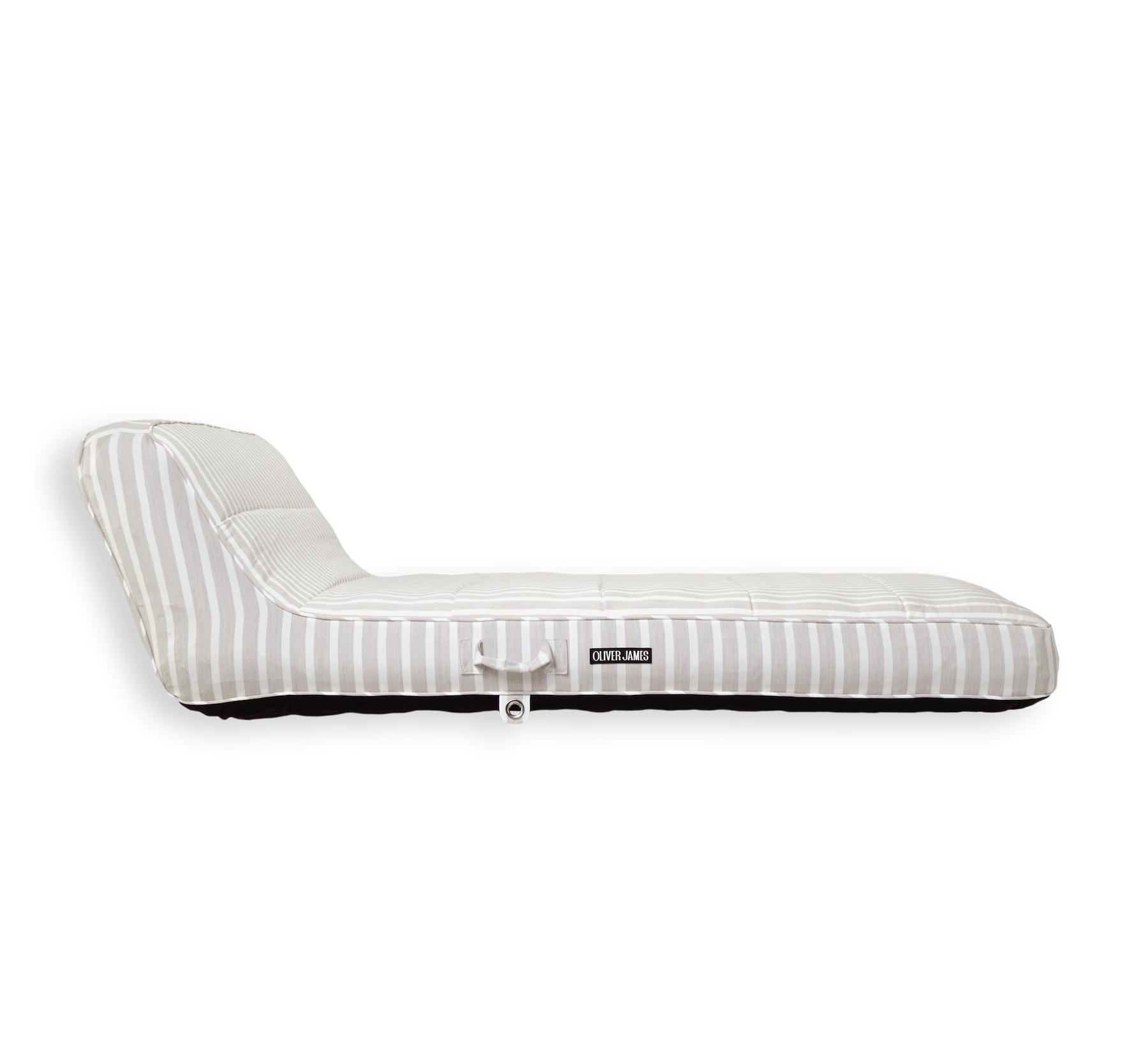 The side profile and backrest angle of a double beige and white stripe luxury pool float.