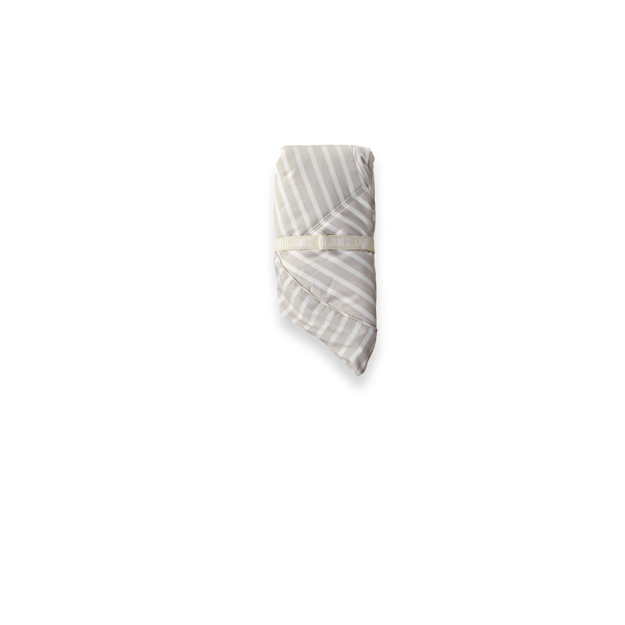 Vue de face d'un flotteur de piscine de luxe suspendu dans un tissu à rayures beige et blanc.