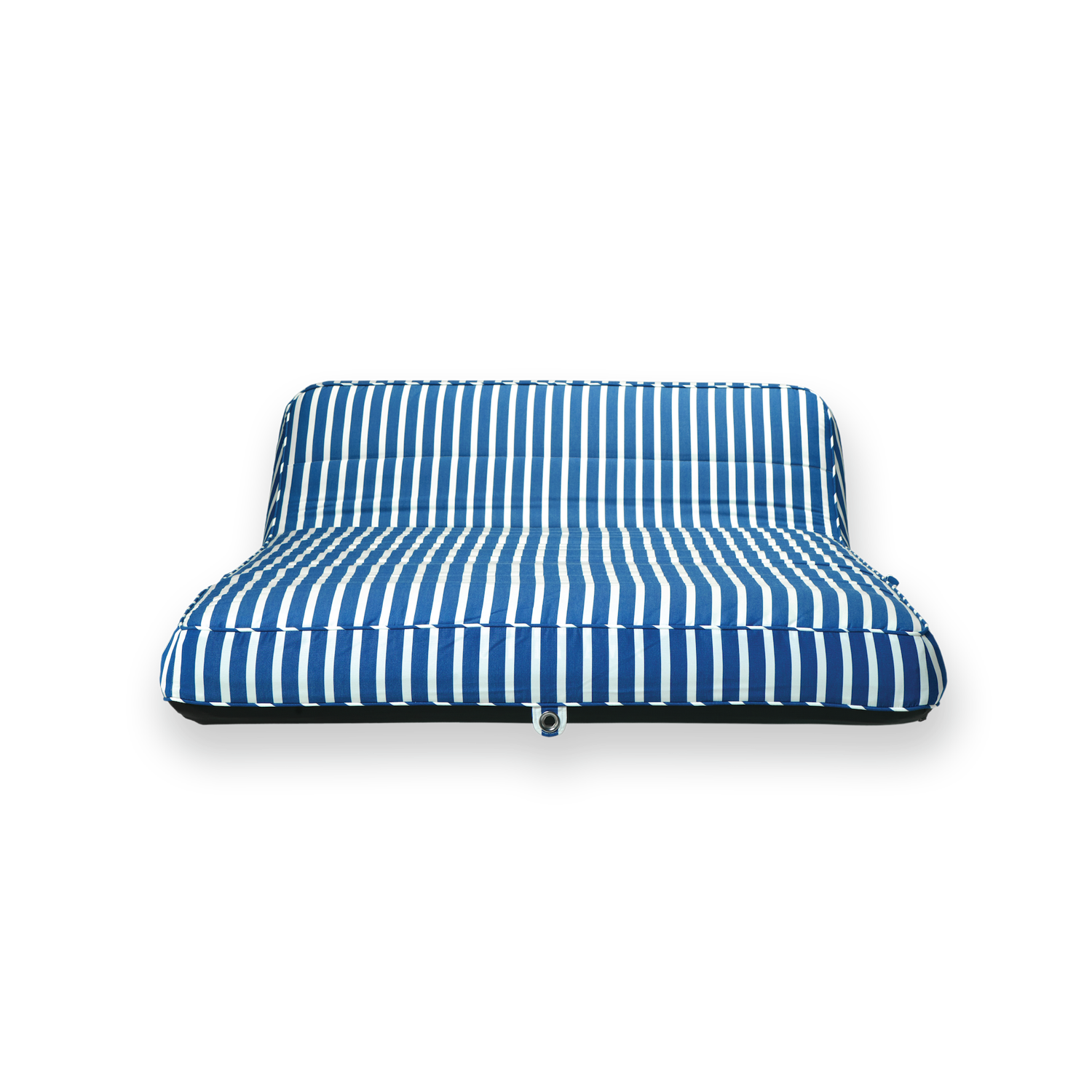 The front profile of a double blue and white striped fabric luxury pool float.