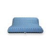 The front profile of a double blue and white striped luxury pool float.