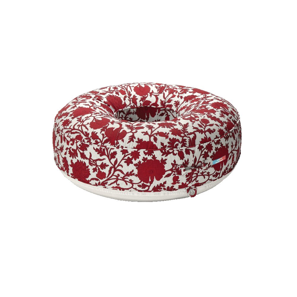 A cut-out image of a luxury pool float upholstered in red and white fabric.