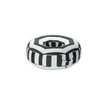 The front angle of a ring black and white striped luxury pool float.