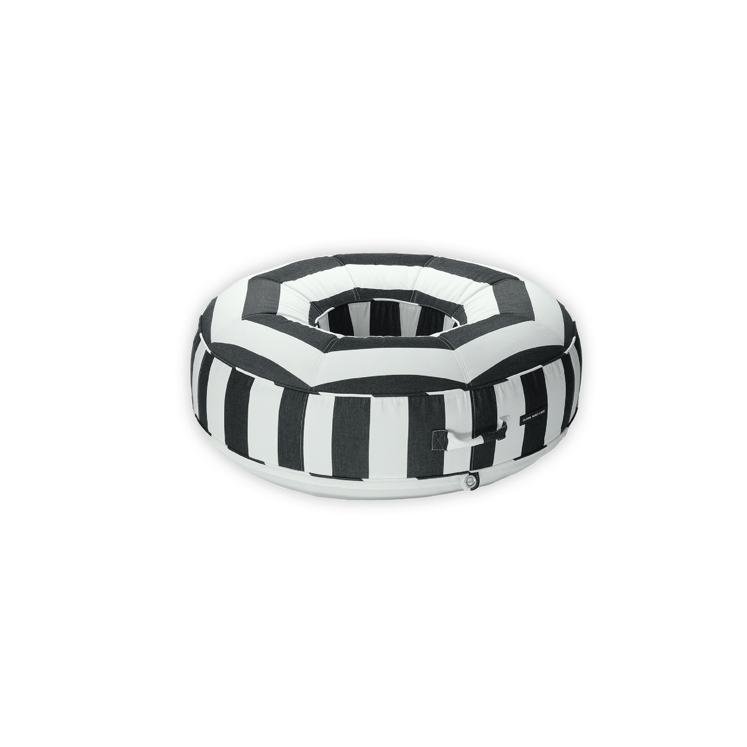 The front angle of a ring black and white striped luxury pool float.