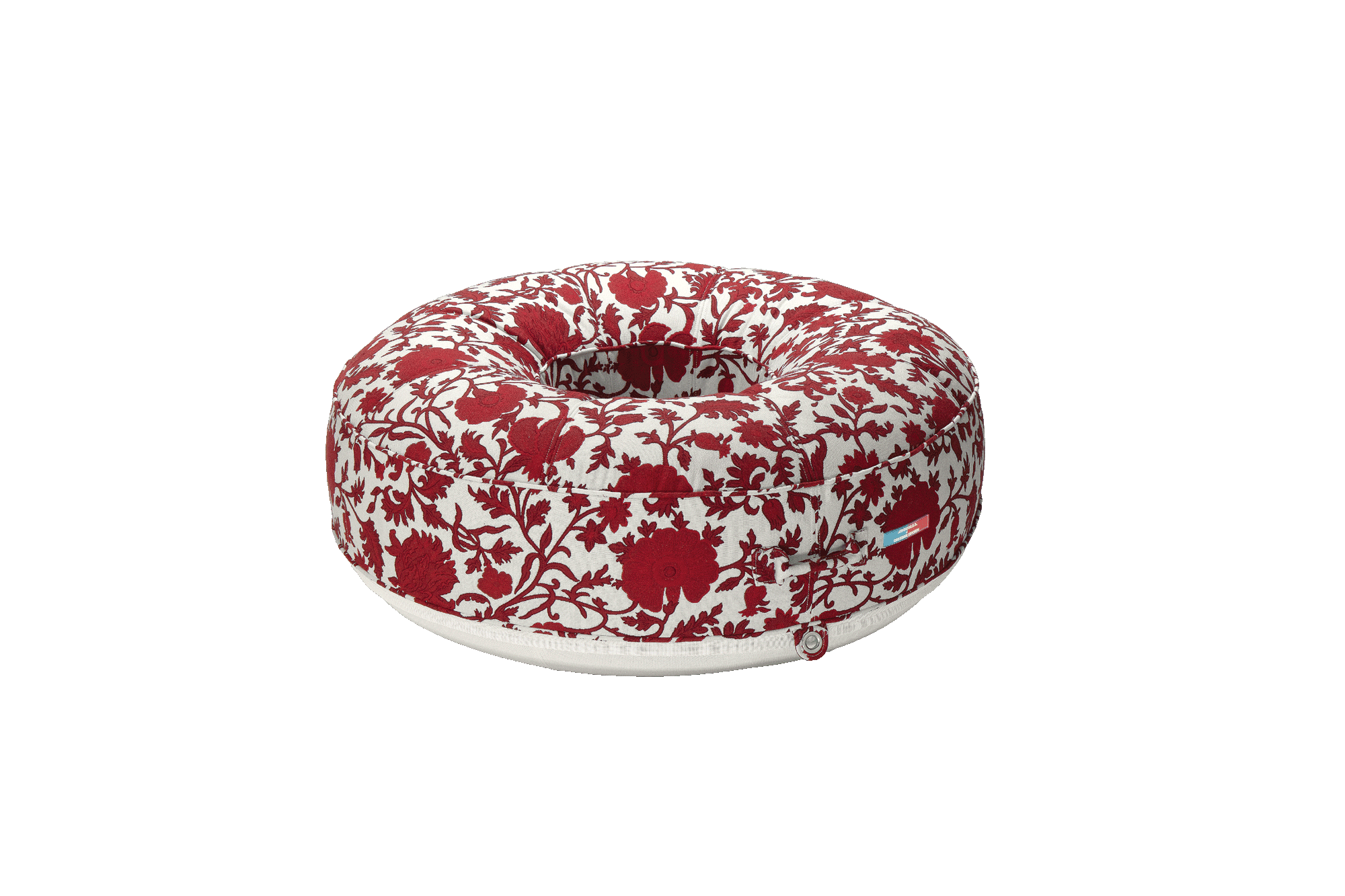 A cut-out image of a luxury pool float upholstered in red and white fabric.