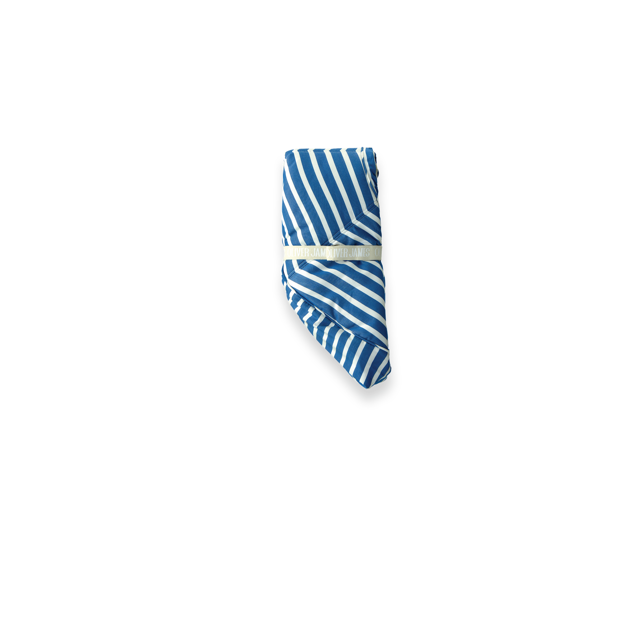Vue de face d'un flotteur de piscine de luxe suspendu dans un tissu à rayures bleues et blanches.