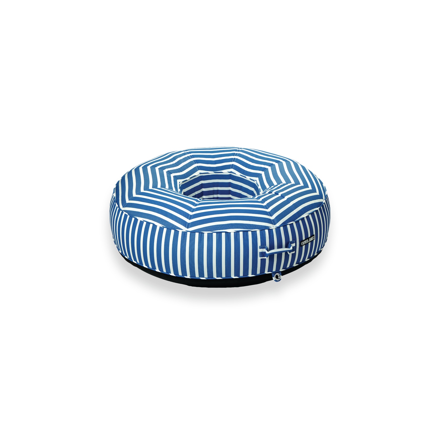 A angled front view of a blue and white striped ring luxury pool floats.
