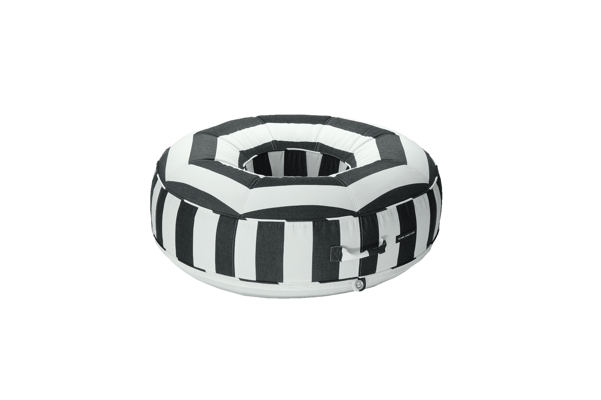 The front angle of a ring black and white striped luxury pool float.