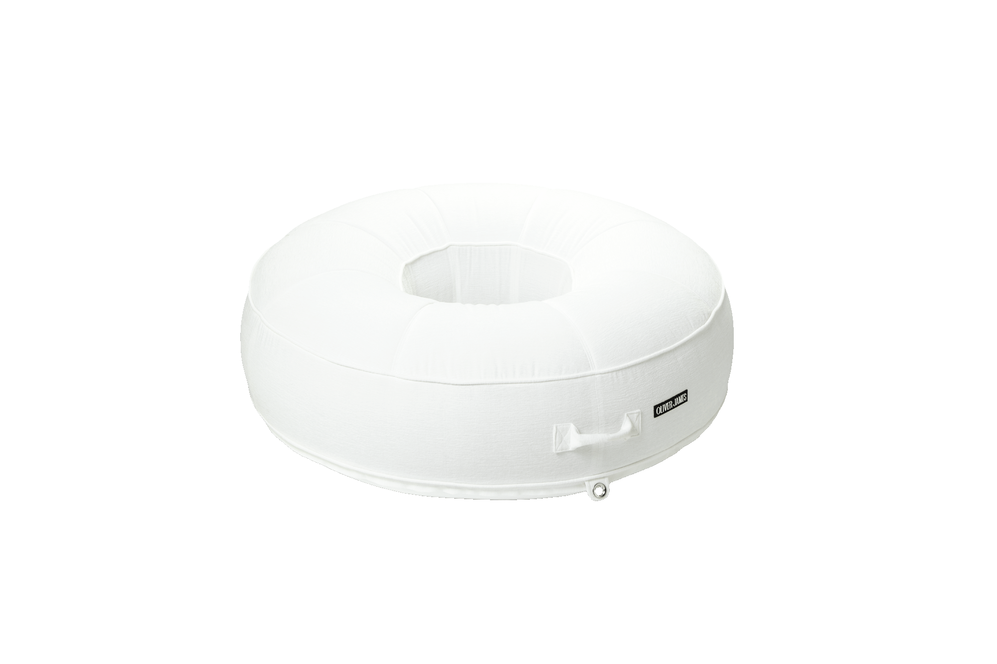 A angled front view of a white terry toweled ring luxury pool floats.