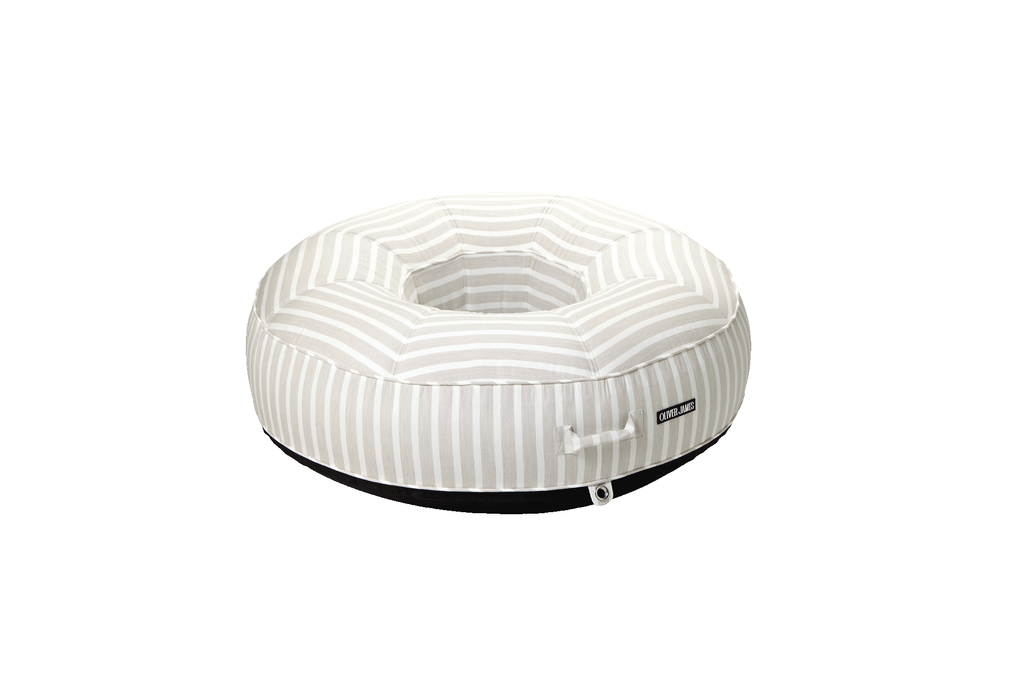 A angled front view of a beige and white striped ring luxury pool floats.