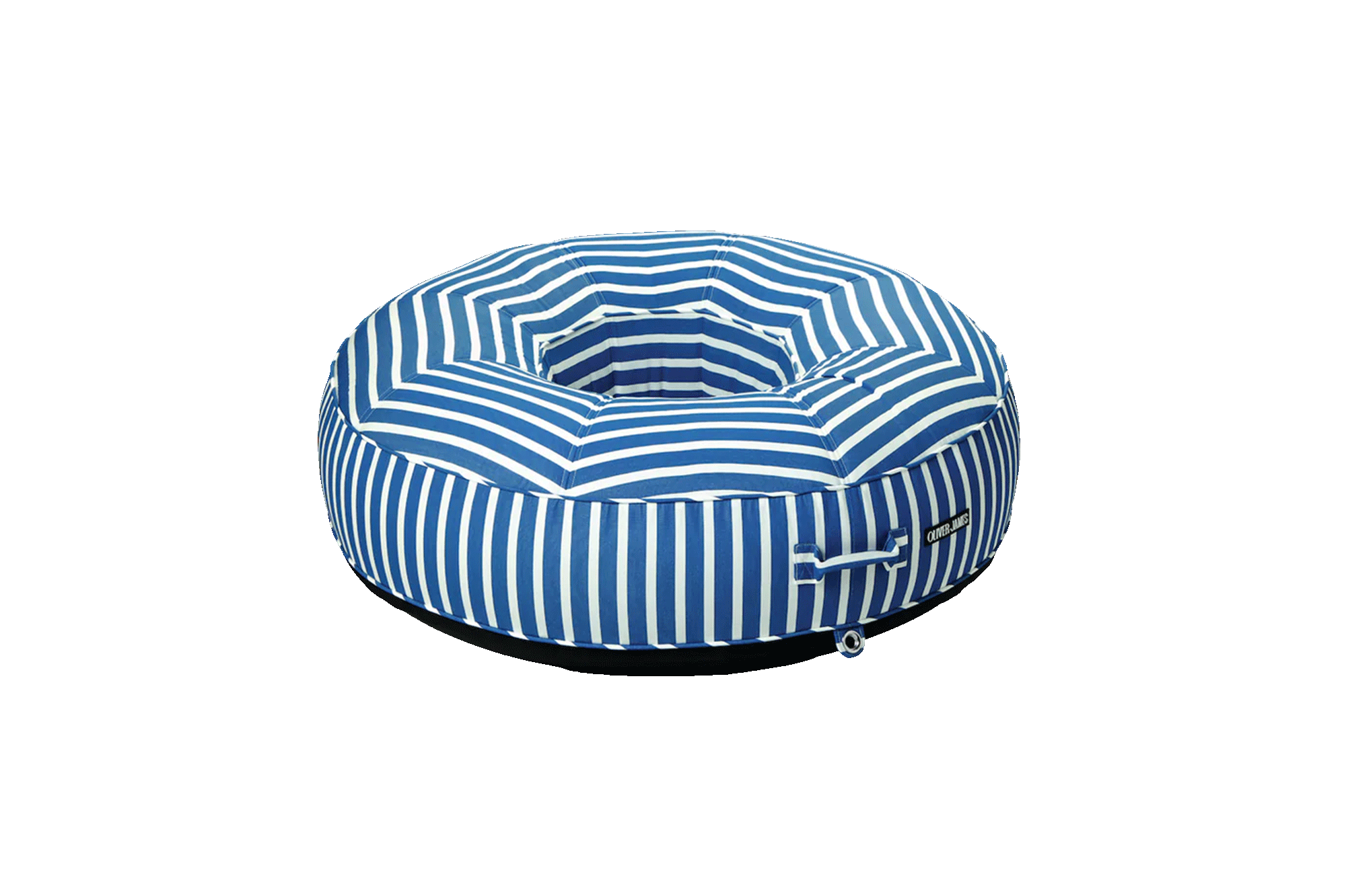 A angled front view of a blue and white striped ring luxury pool floats.