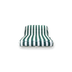 The front profile of a single green and white striped luxury pool float.