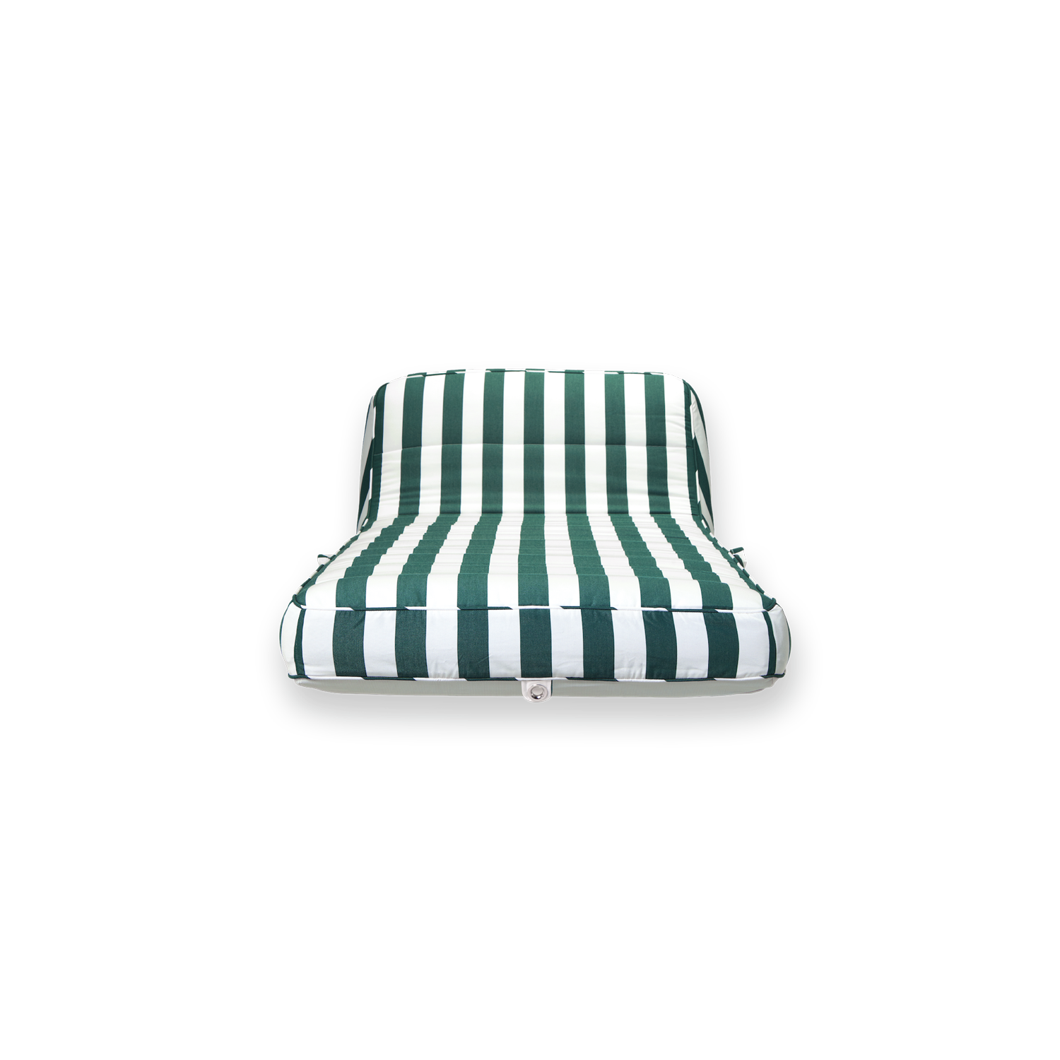 The front profile of a single green and white striped luxury pool float.