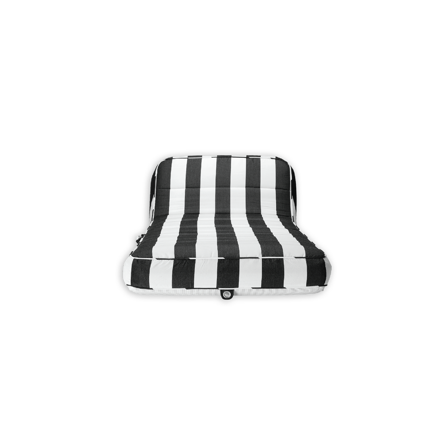 The front angle of a single black and white striped luxury pool float.