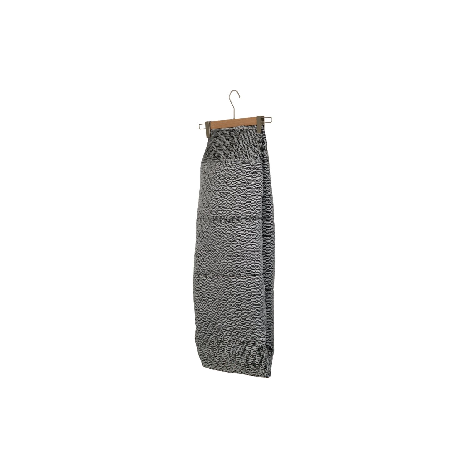 A front view of a luxury pool float hanging in a black and silver colored fabric.