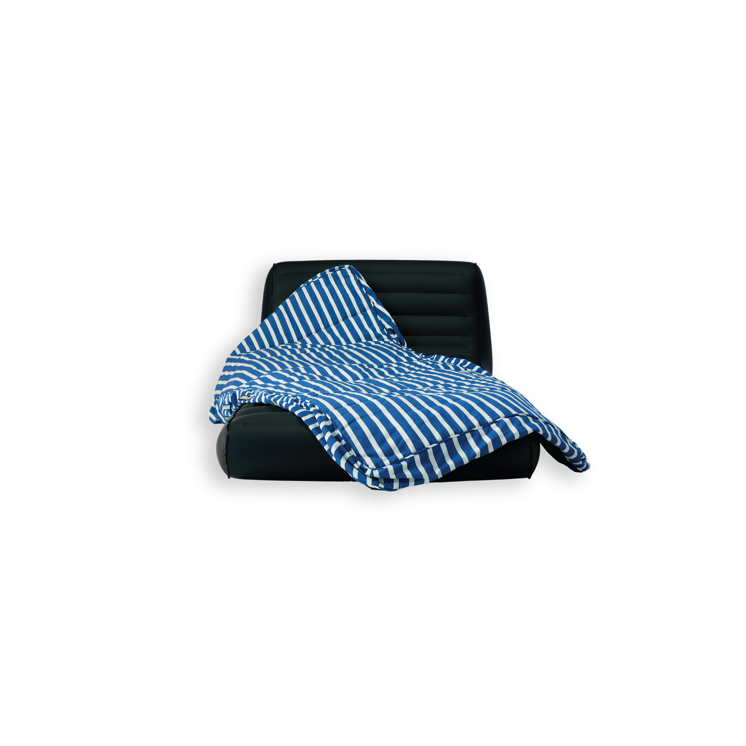 A blue and white striped luxury pool float cover draped over a TPU inflatable core.