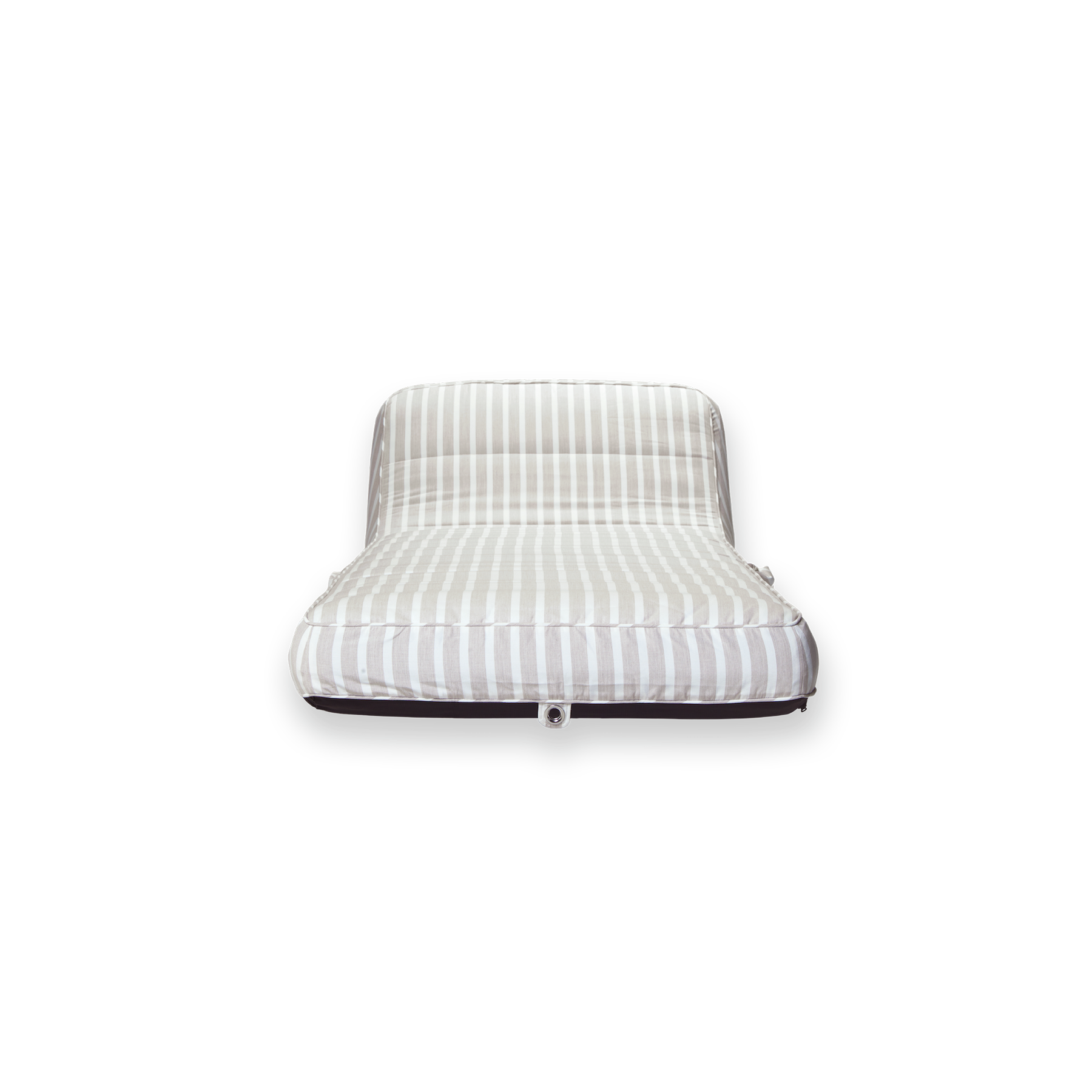 The front profile of a single beige and white striped luxury pool float.