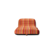 The front profile of a single orange and white striped luxury pool float.
