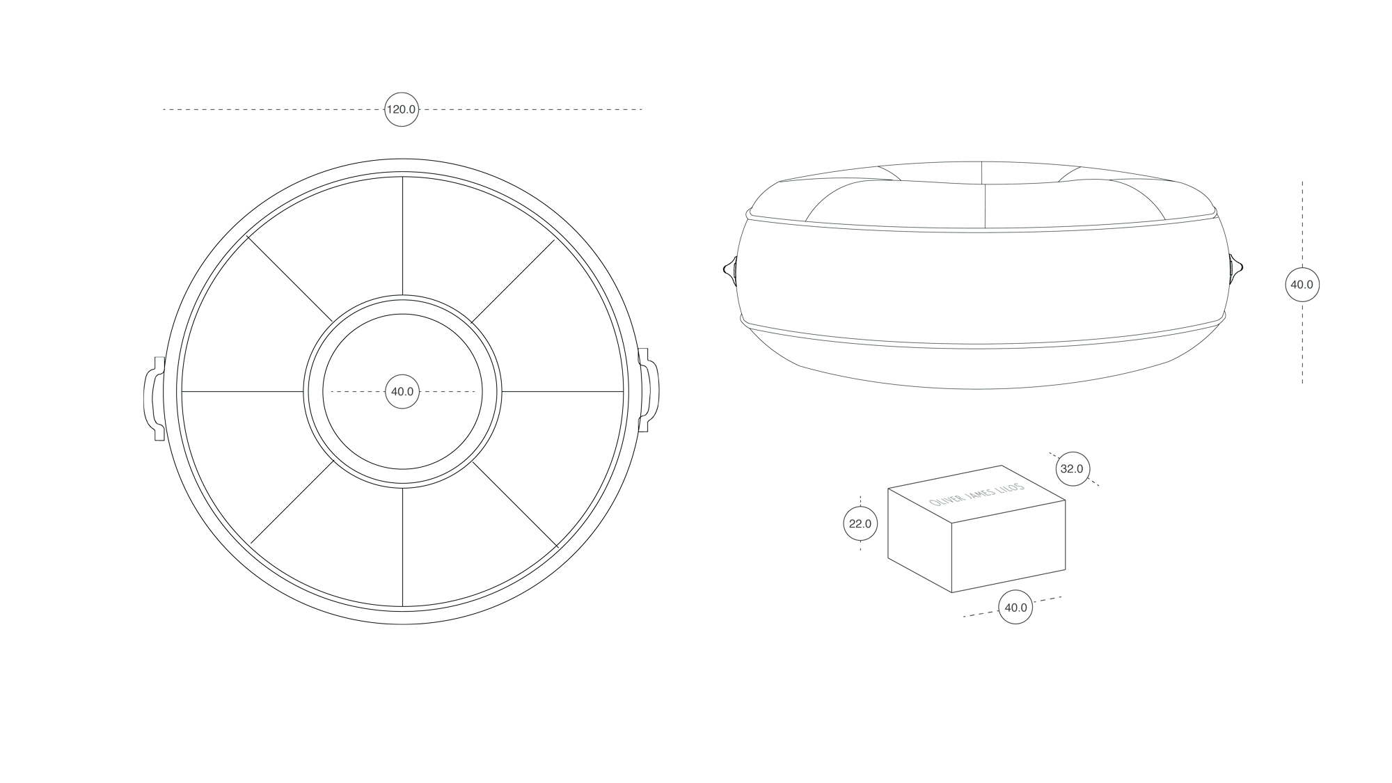 An orthographic drawing in centimeters of a pool float for adults.