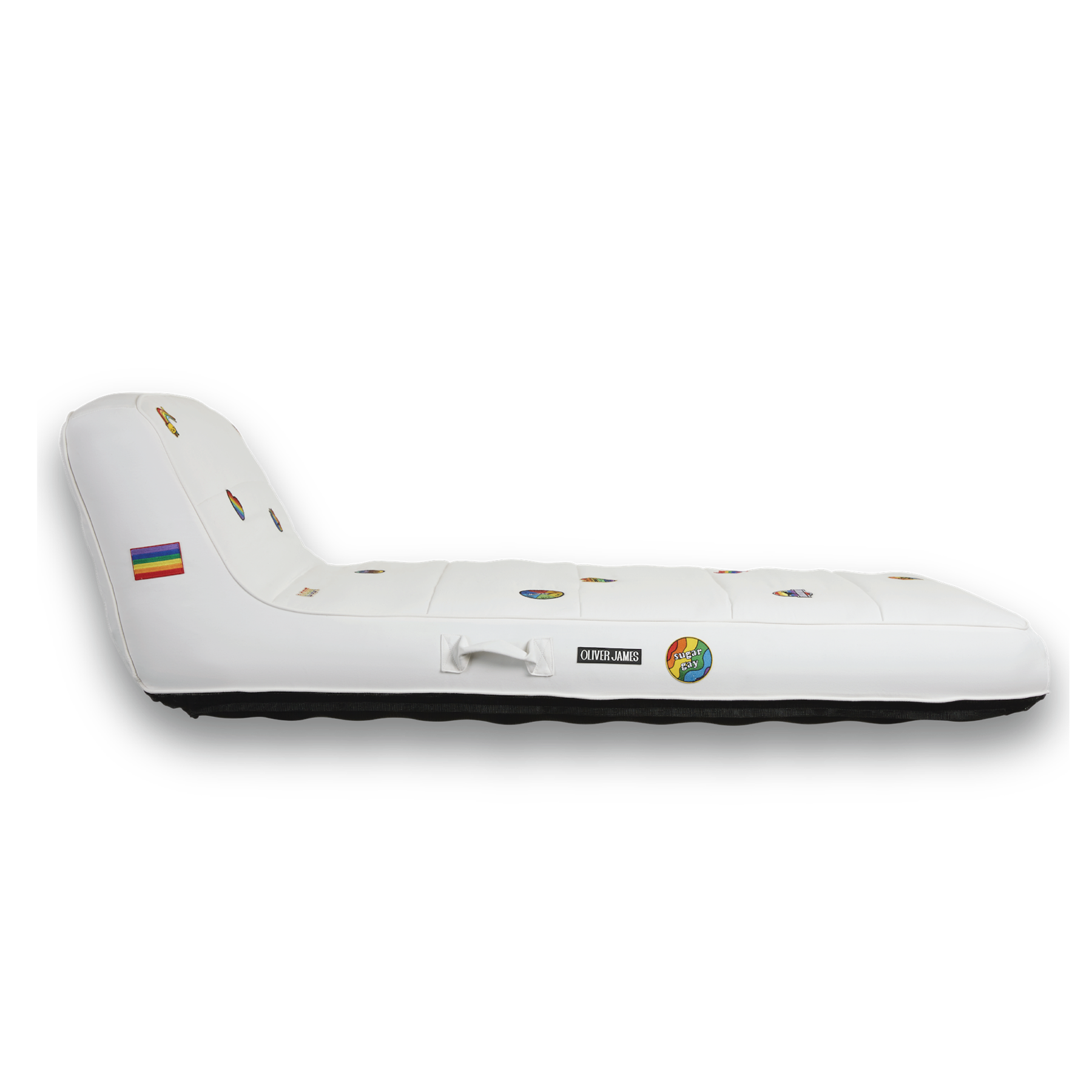 The side profile and shape of a white colored pool float for adults with LGBTQ fabric patches.