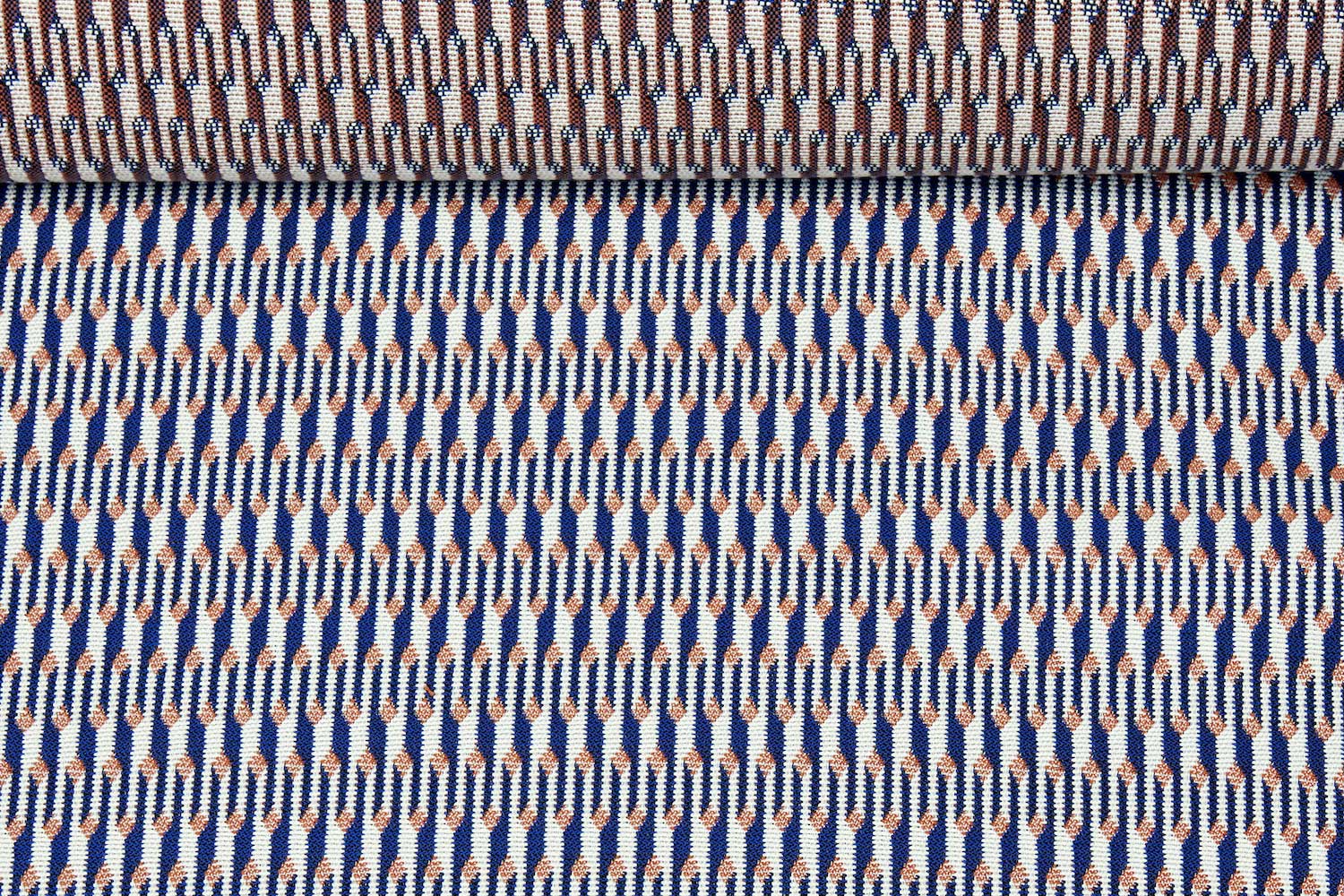 A blue, orange and white fabric swatch with a jacquard woven pattern used for pool floats for adults.