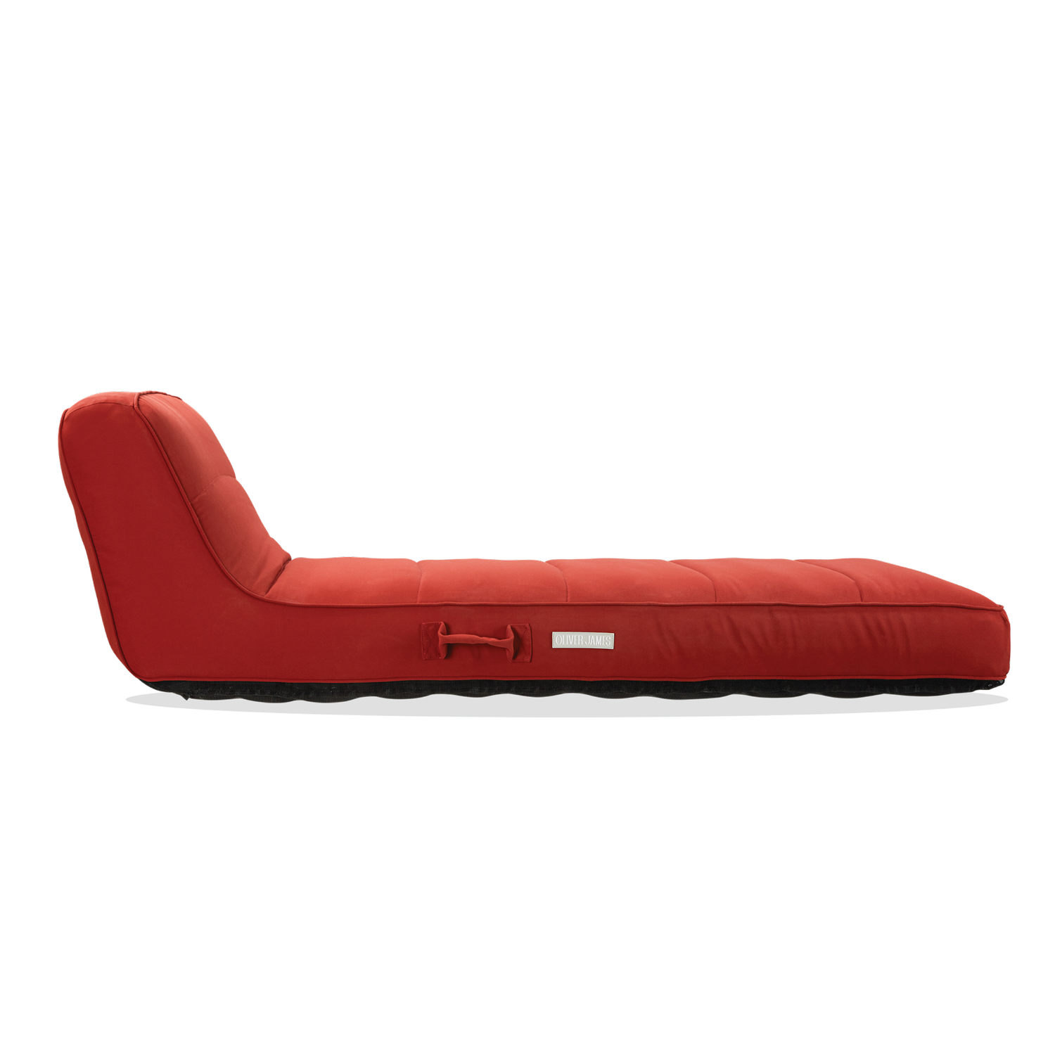The side profile and shape of a terracotta colored pool float for adults.