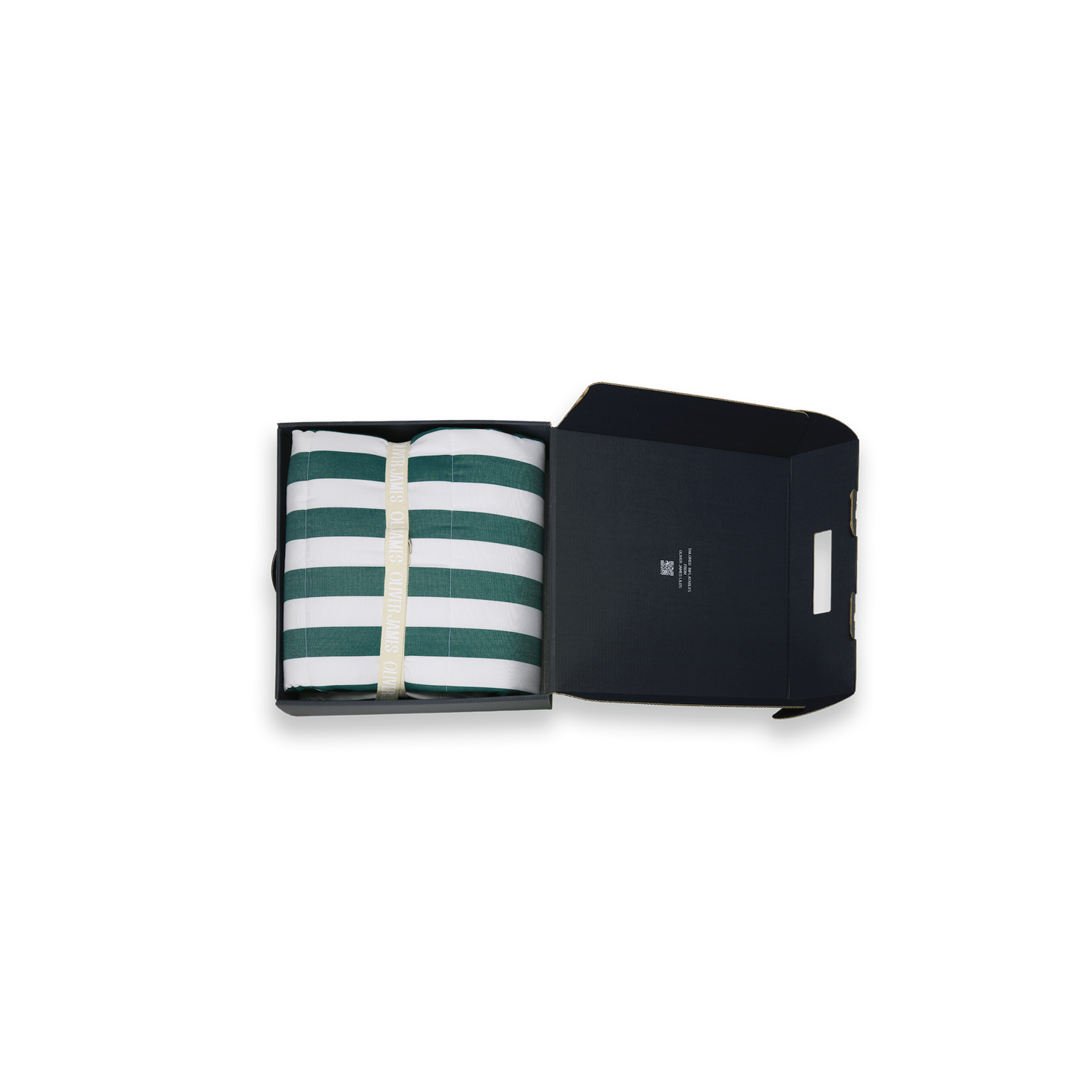 A double white and green stripe inflatable luxury pool float lounger cover folded in black box box with a belt, card and pump.
