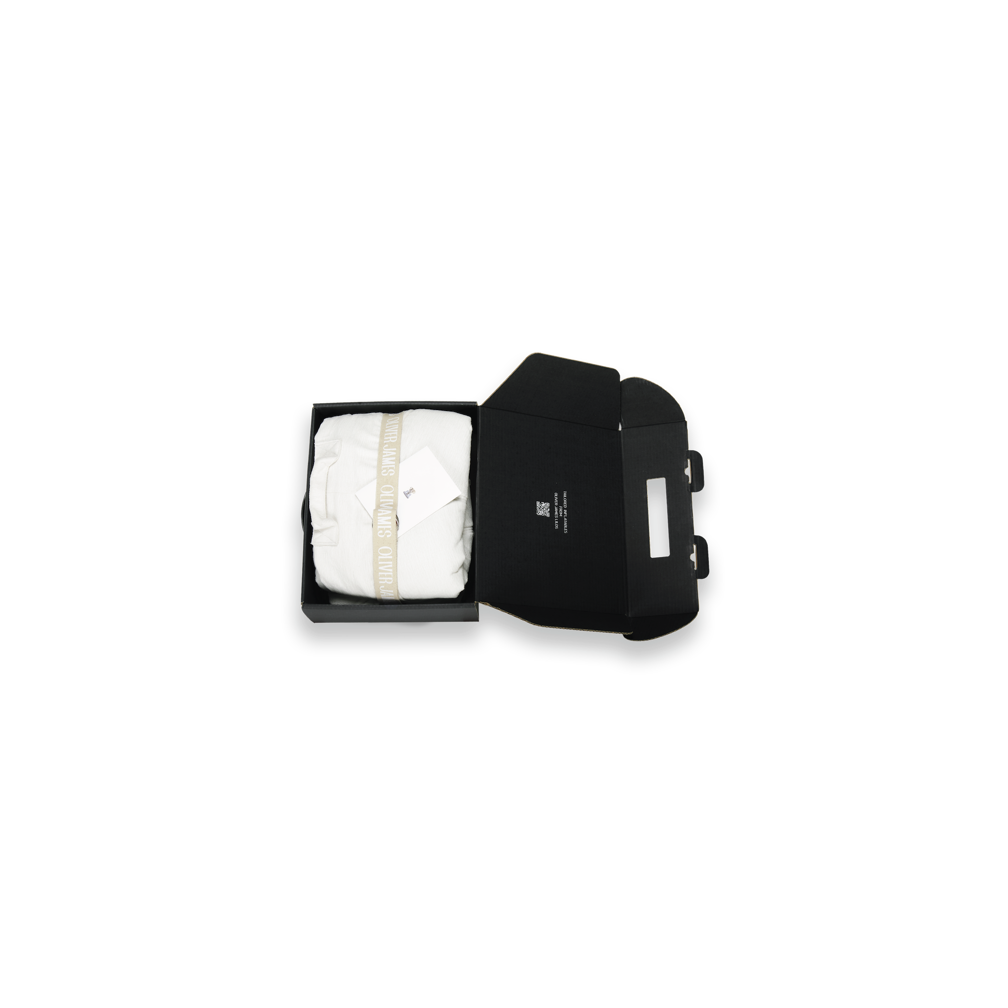 Bague housse de flotteur de piscine gonflable de luxe en éponge blanche pliée dans une boîte noire avec une ceinture, une carte et une pompe.