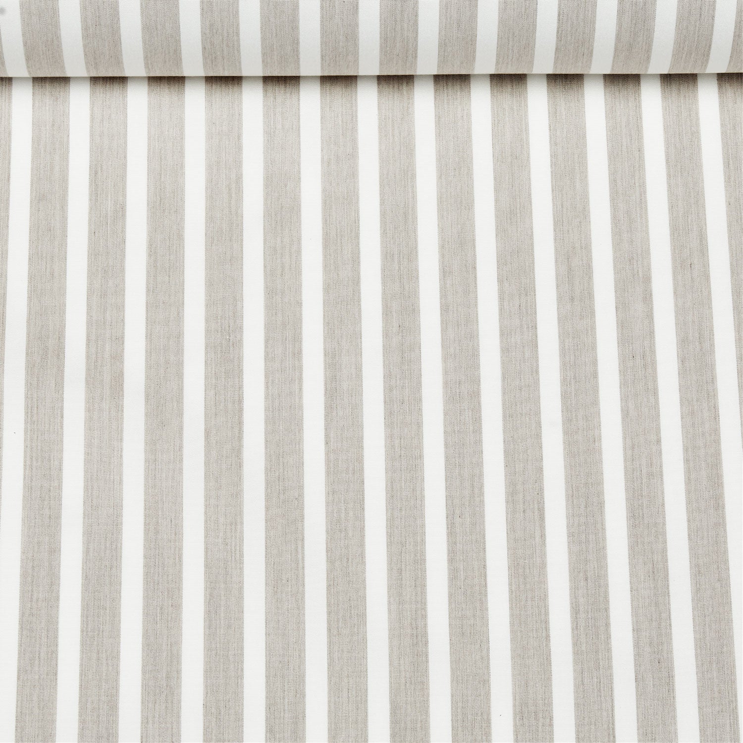 A birds eye view of a jacquard woven white and beige stripe pattern outdoor performance fabric roll. 