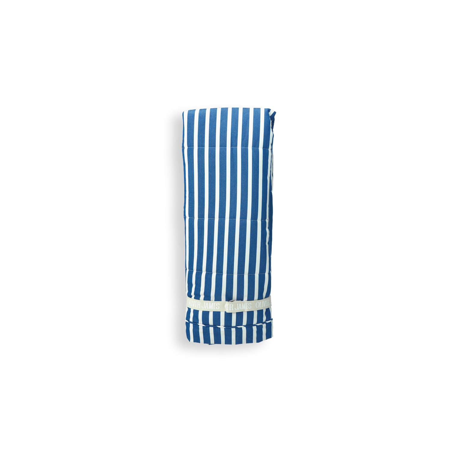 A front view of a luxury pool float hanging in a blue and white stripe colored fabric.