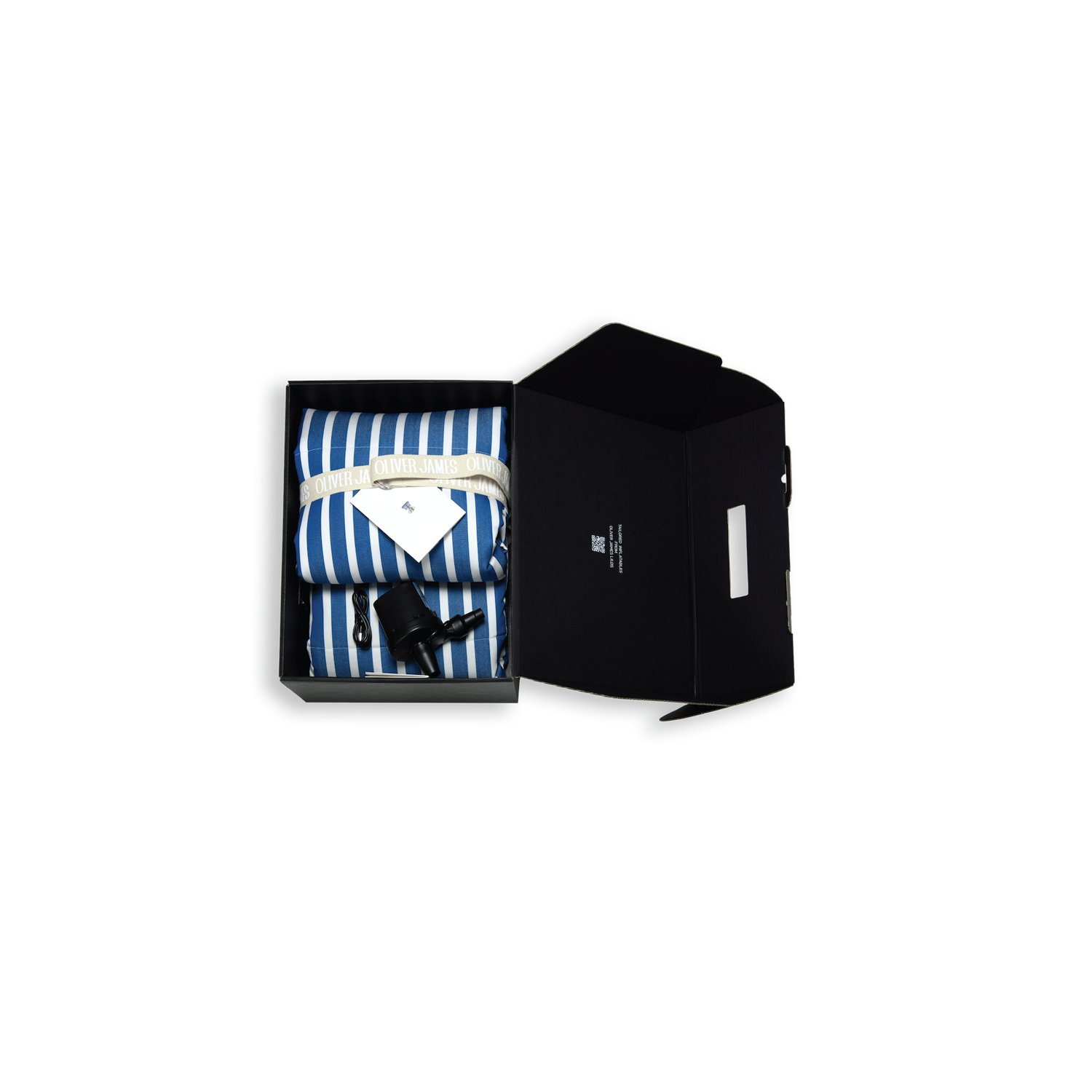 A single blue and white stripe inflatable luxury pool float lounger folded in black box box with a belt, card and pump.